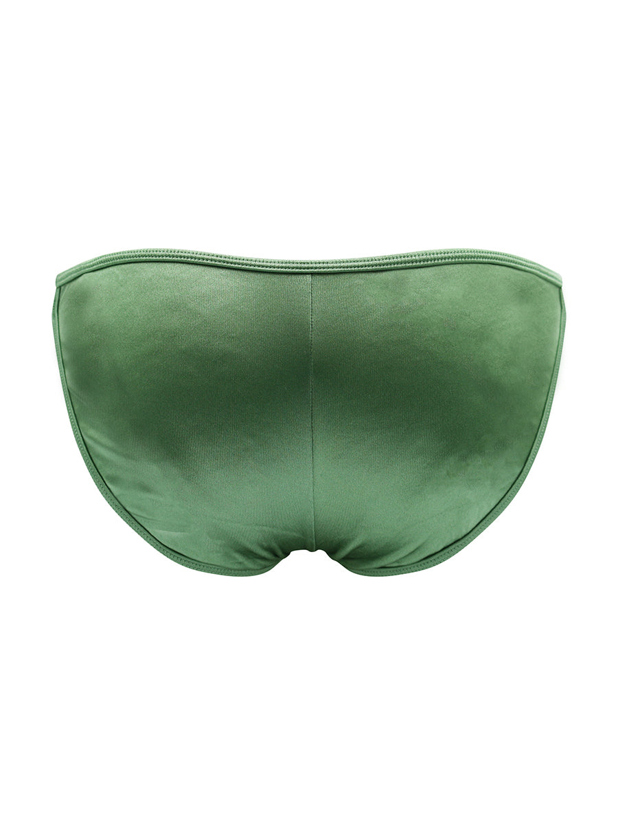 Back view of a green men's satin bikini brief on a white background.