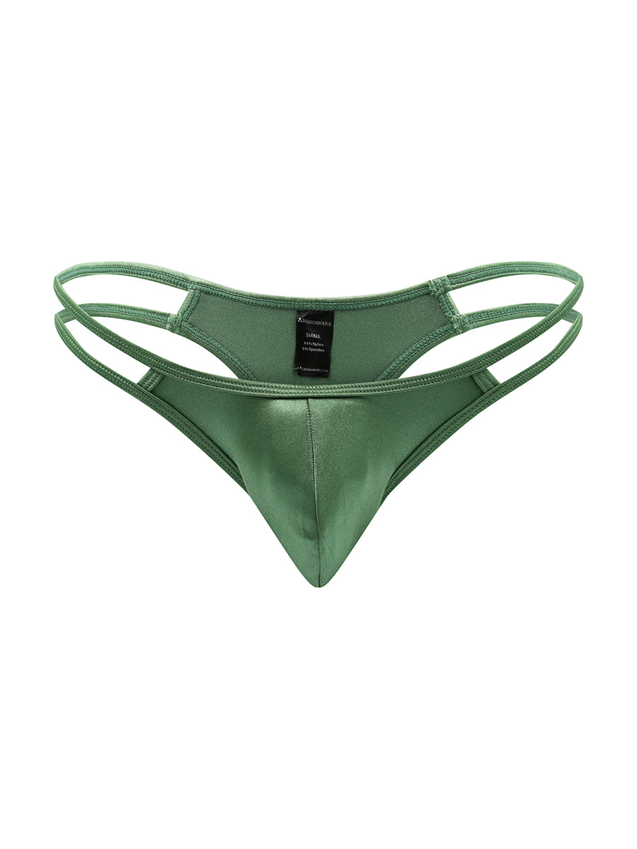 Front view of a green men's satin thong on a white background