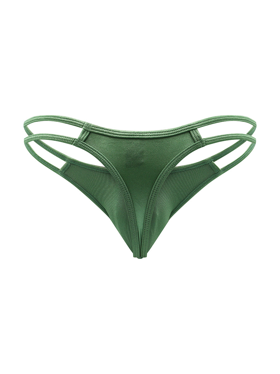 Back view of a green men's satin thong on a white background