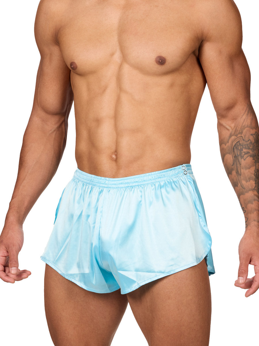 Front view of a male model wearing Body Aware sky blue men's tear away shorts