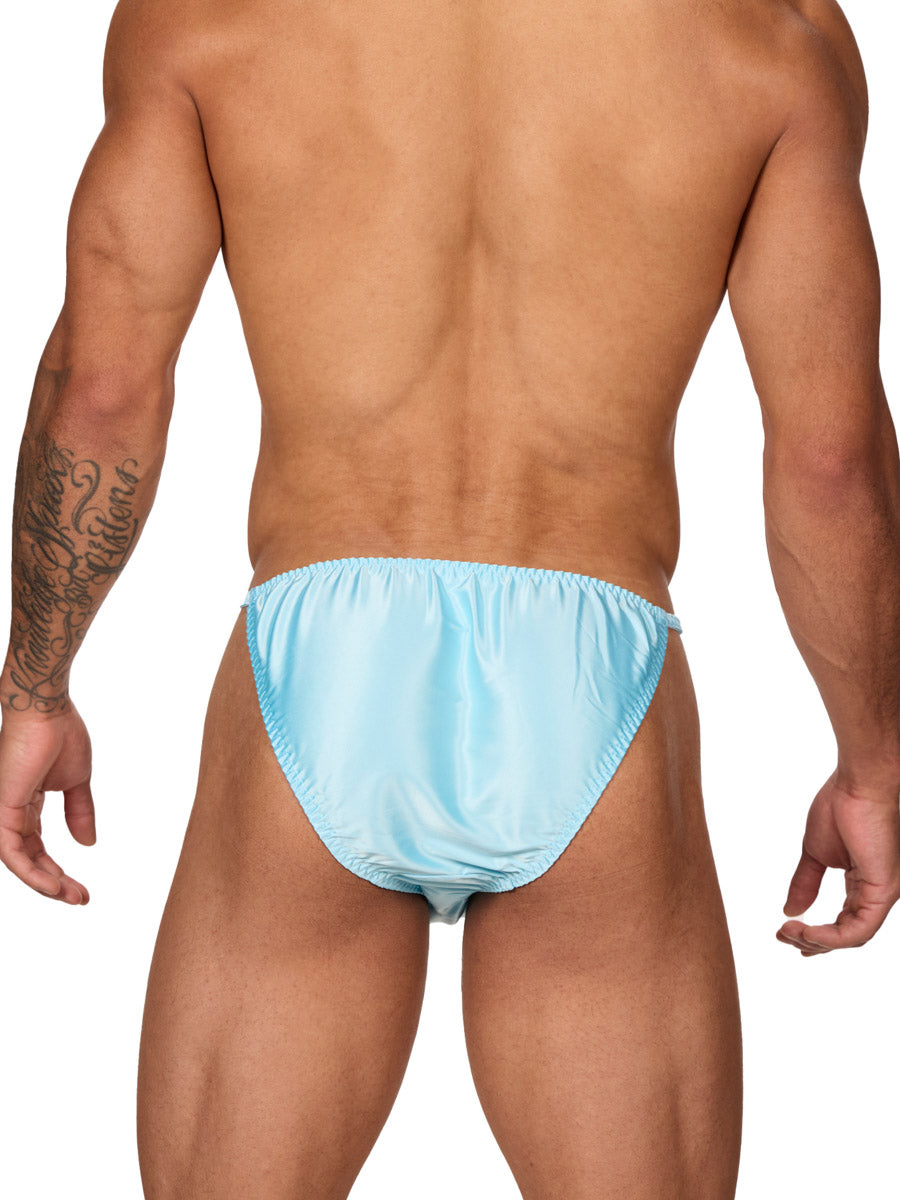 Back view of a male model wearing a Body Aware sky blue men's bikini brief