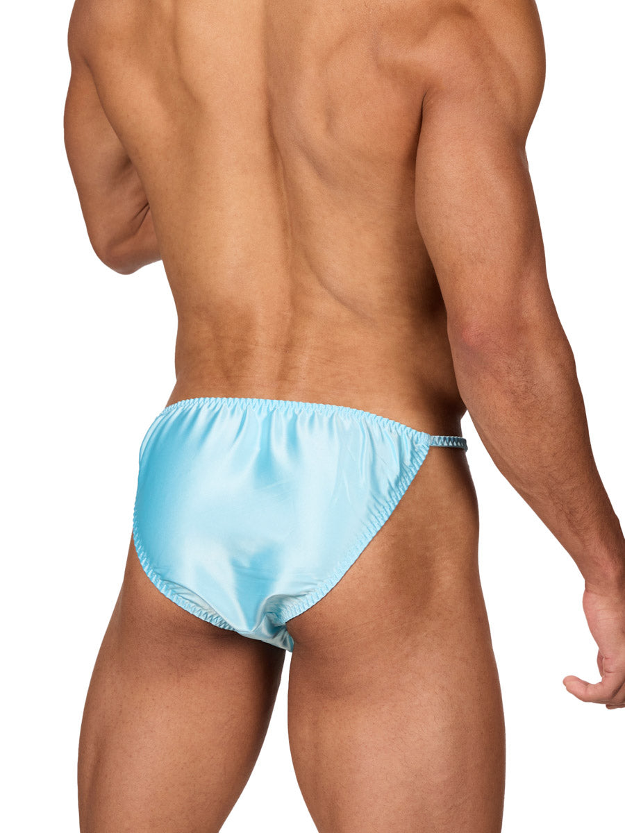 Back view of a male model wearing a Body Aware sky blue men's bikini brief