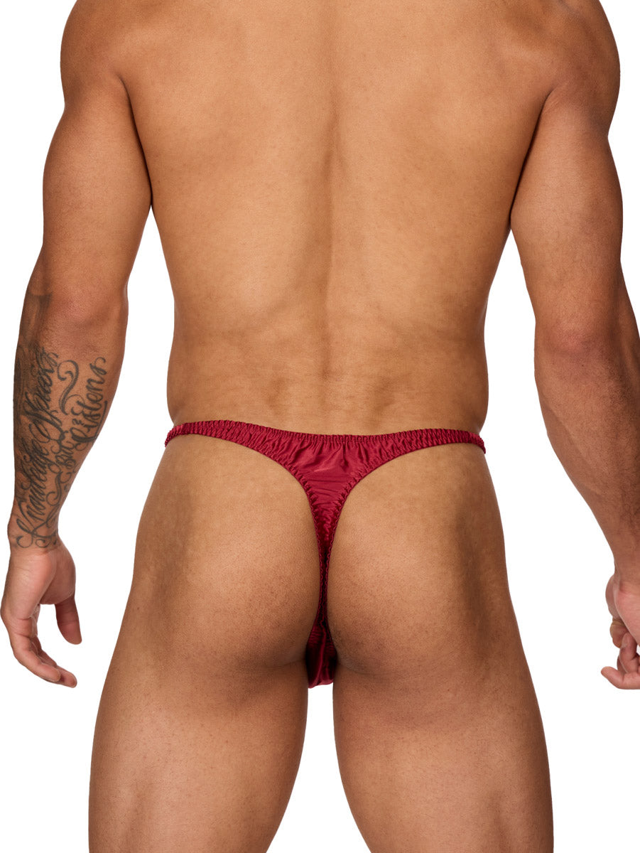 Back view of a male model wearing a Body Aware burgundy thong