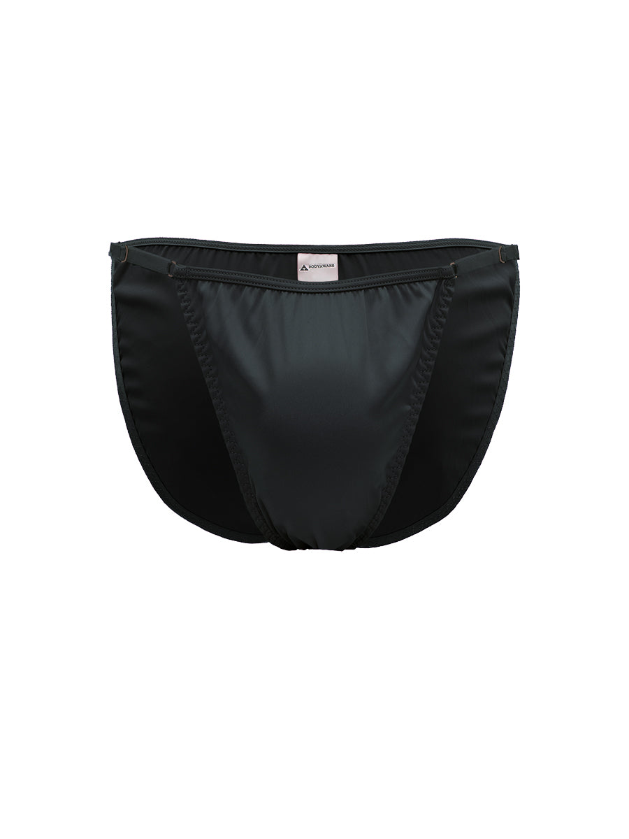 Black satin men's bikini brief on a white background.