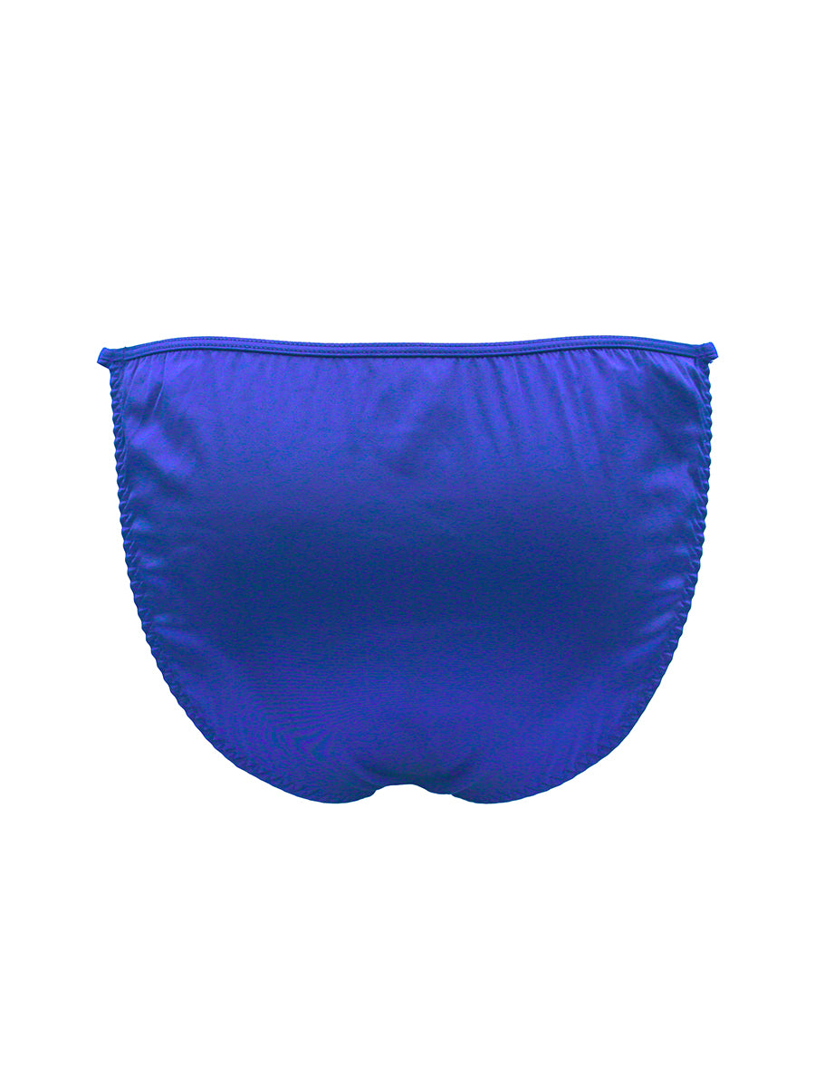 Blue satin men's bikini brief on a white background.