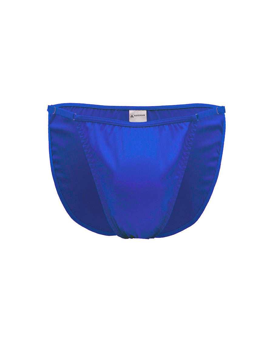 Blue satin men's bikini brief on a white background.