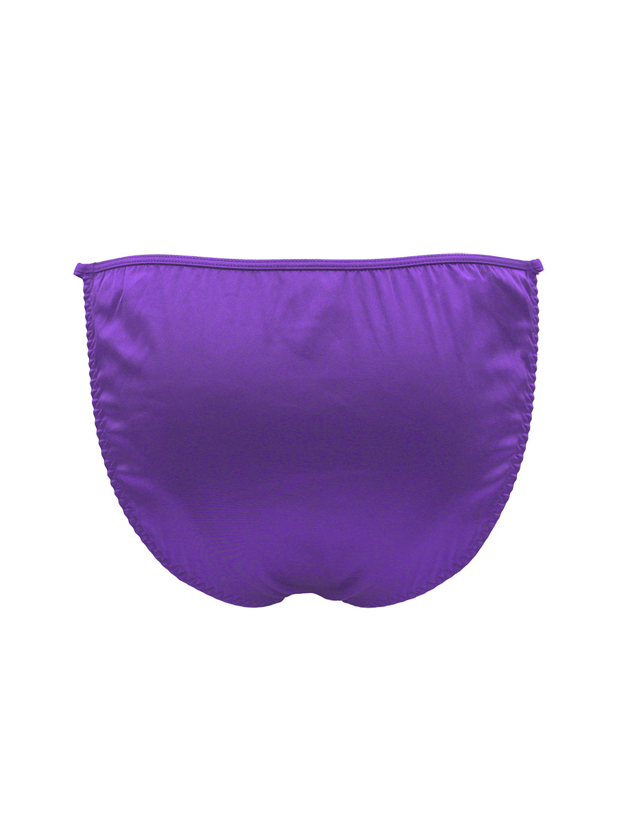 Purple satin men's bikini brief on a white background.