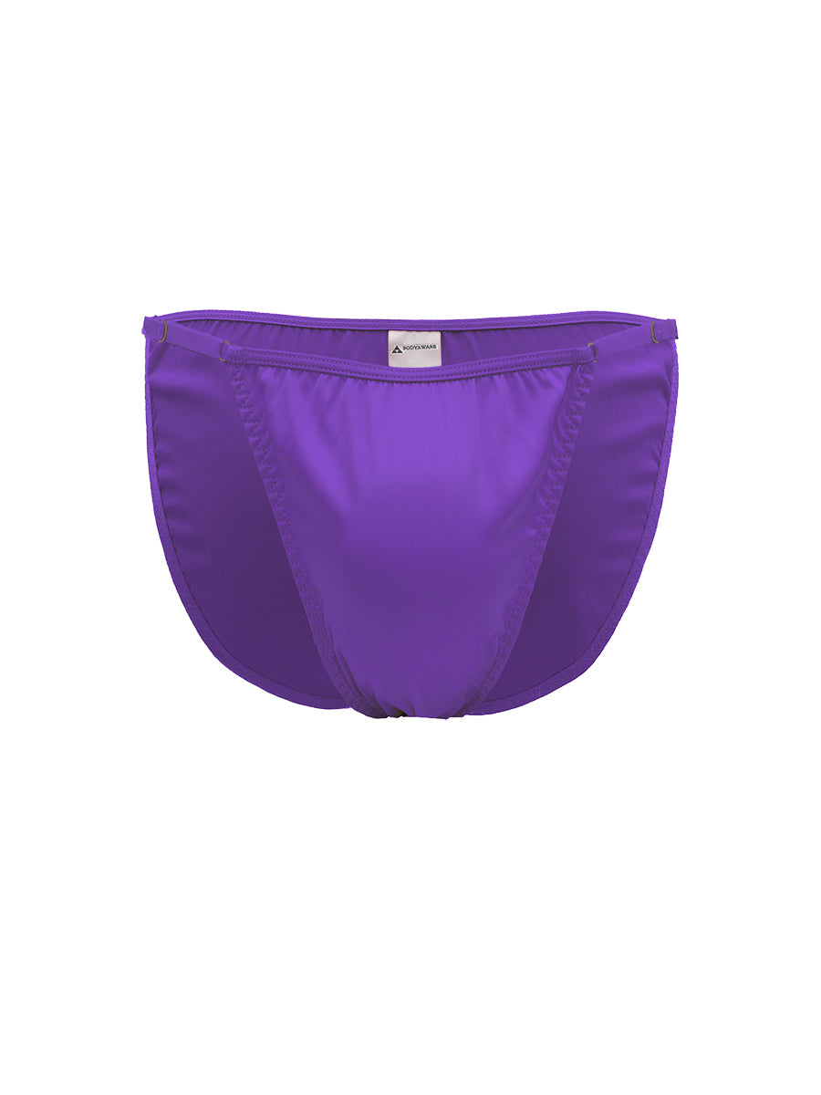 Purple satin men's bikini brief on a white background.
