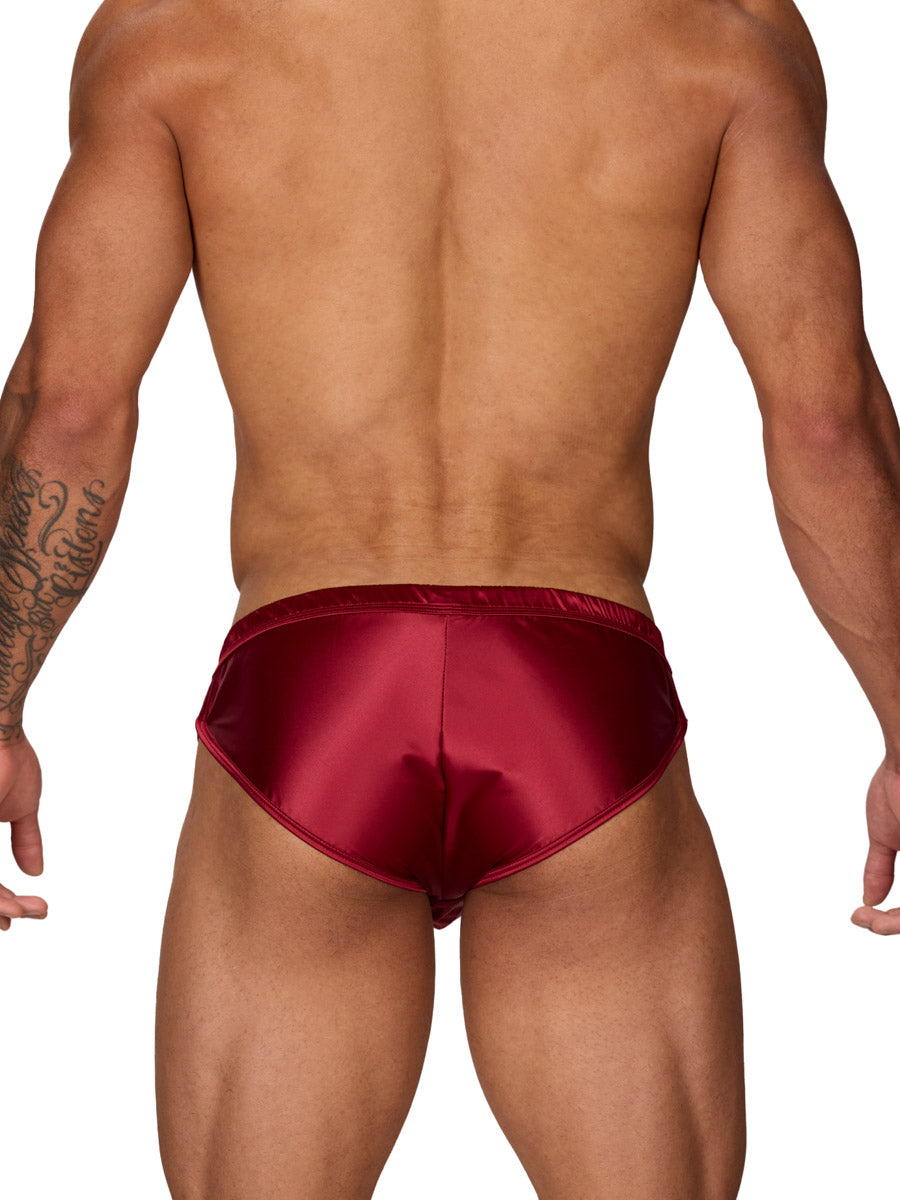 Back view of a male model wearing a Body Aware burgundy men's brief