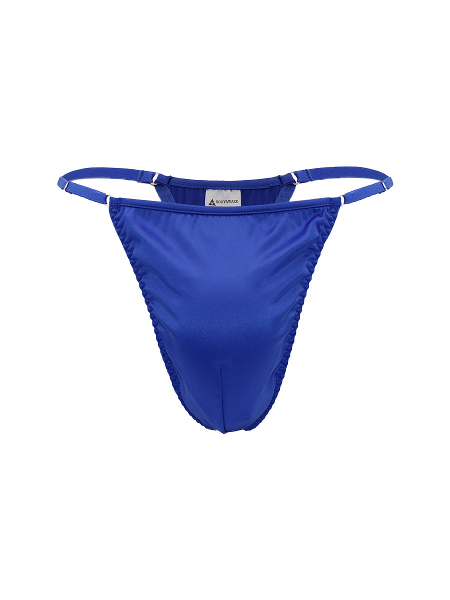 Blue satin men's thong on a white background.