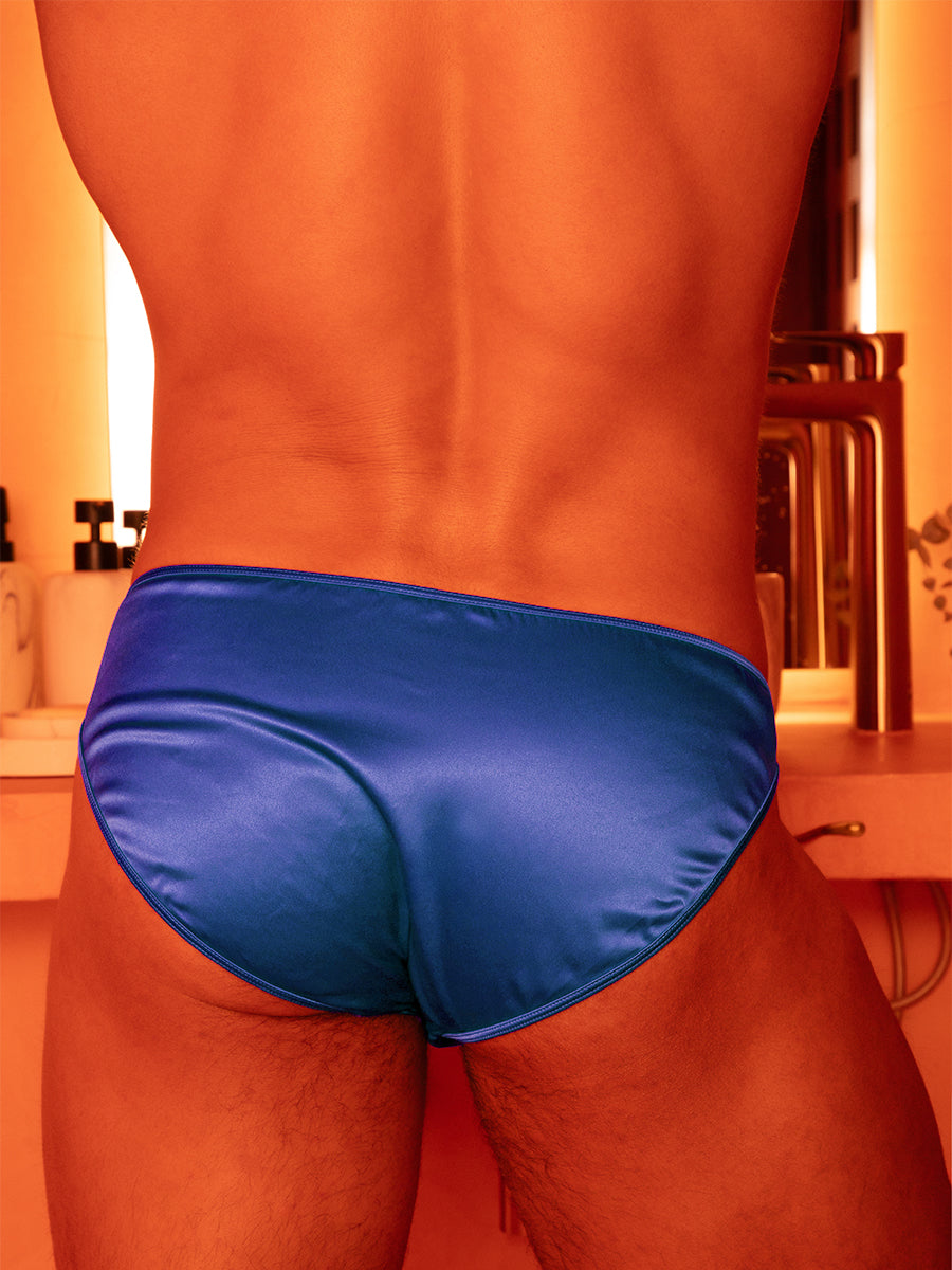 Closeup rear view of a man in blue satin underwear briefs.