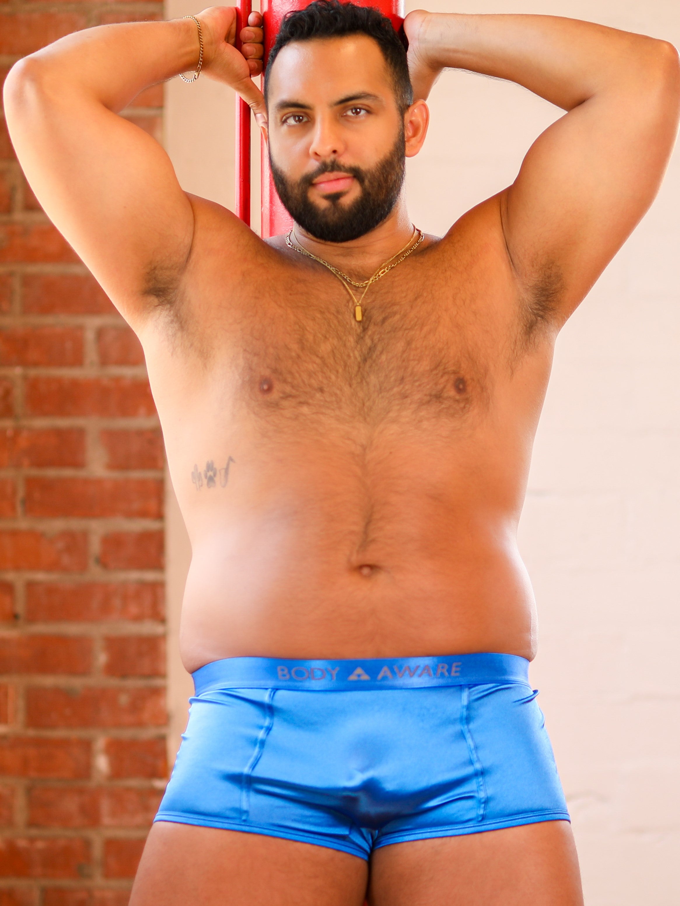 men's blue satin logo trunks - Body Aware