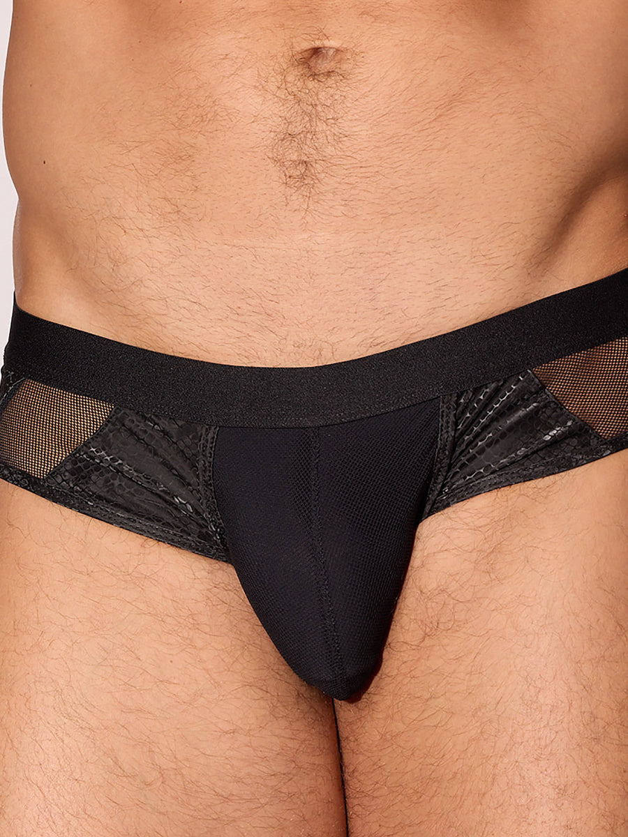 Front close view of men's nylon and mesh brief. It has mesh side panels and there is a white background Body Aware