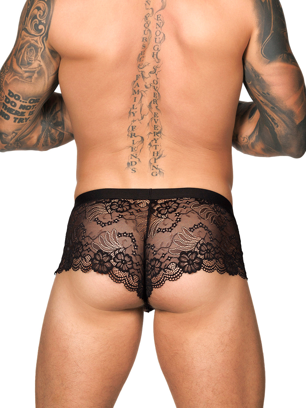 Back view of a male model wearing Body Aware black lace boxers