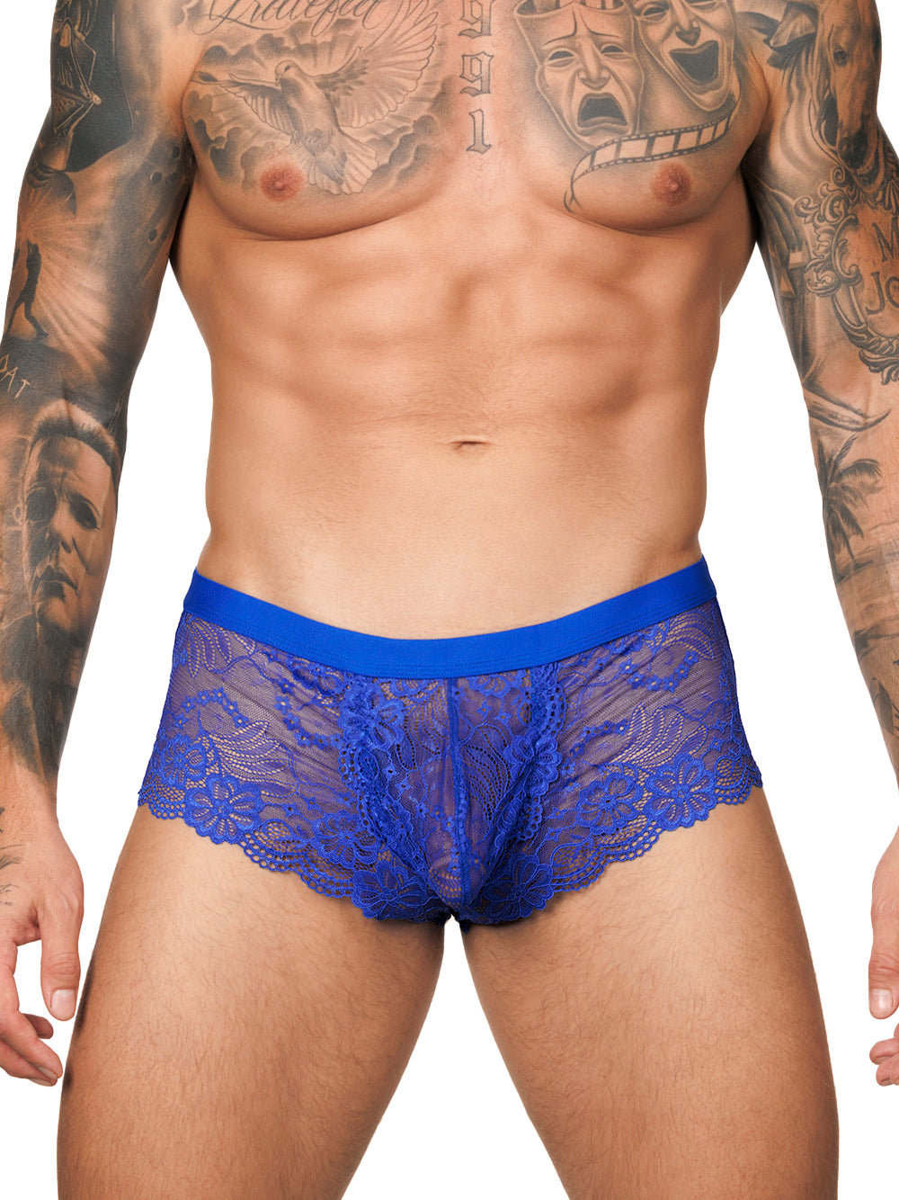 Front view of a male model wearing Body Aware bright blue lace boxers