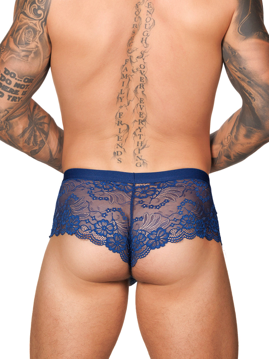 Back view of a male model wearing Body Aware navy blue lace boxers