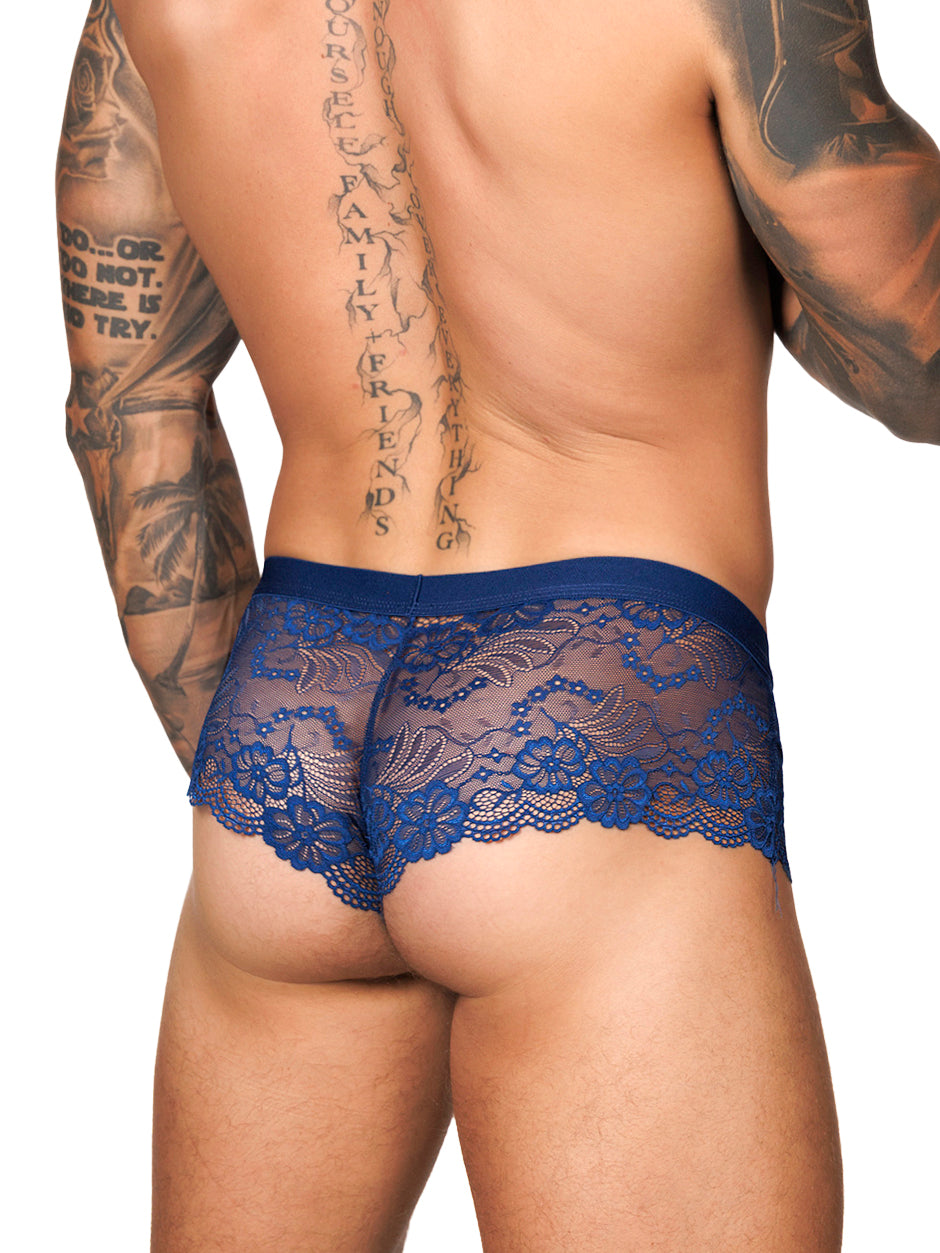 Back view of a male model wearing Body Aware navy blue lace boxers