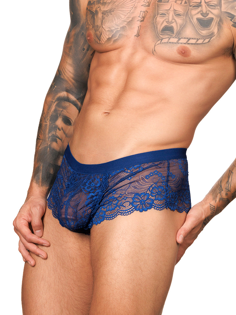 Front view of a male model wearing Body Aware navy blue lace boxers