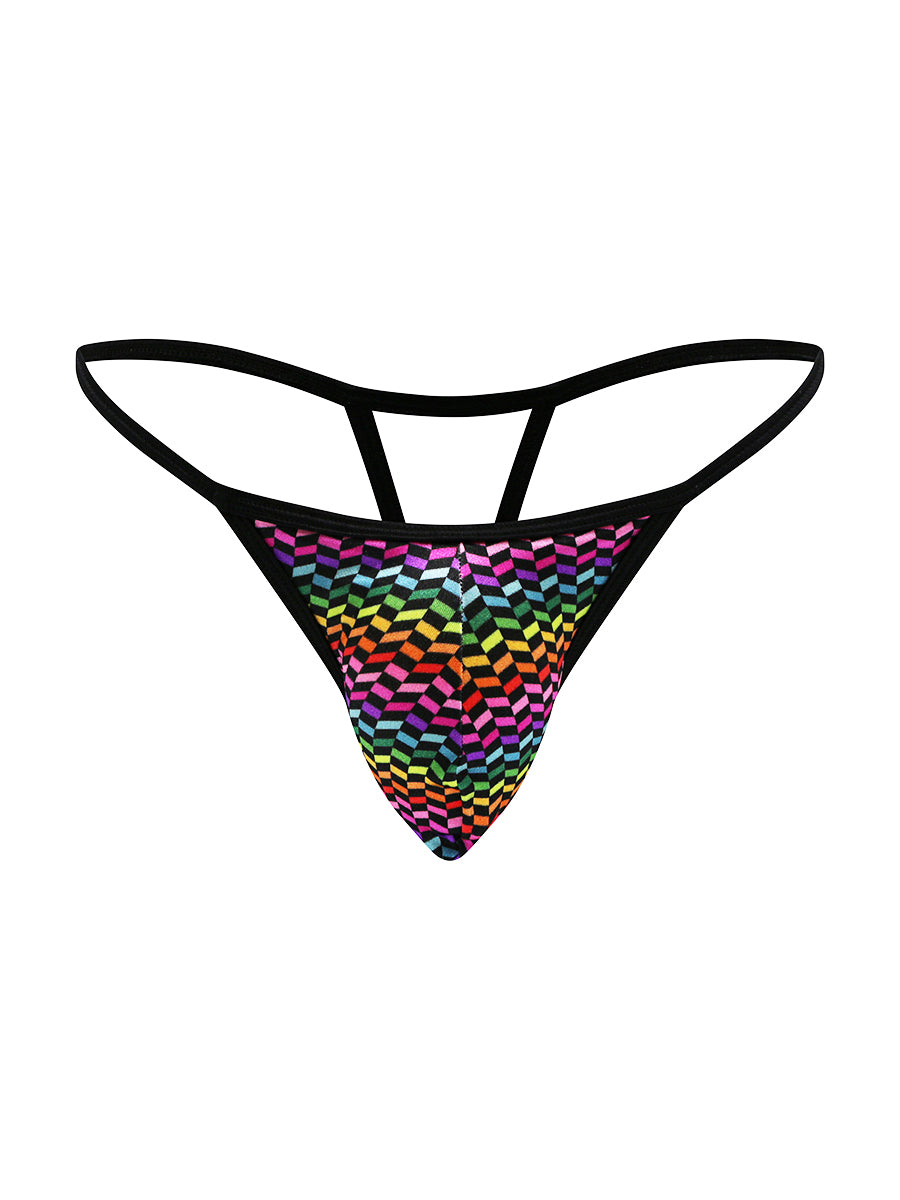 Front view of a rainbow pattern satin g-string thong on a white background.
