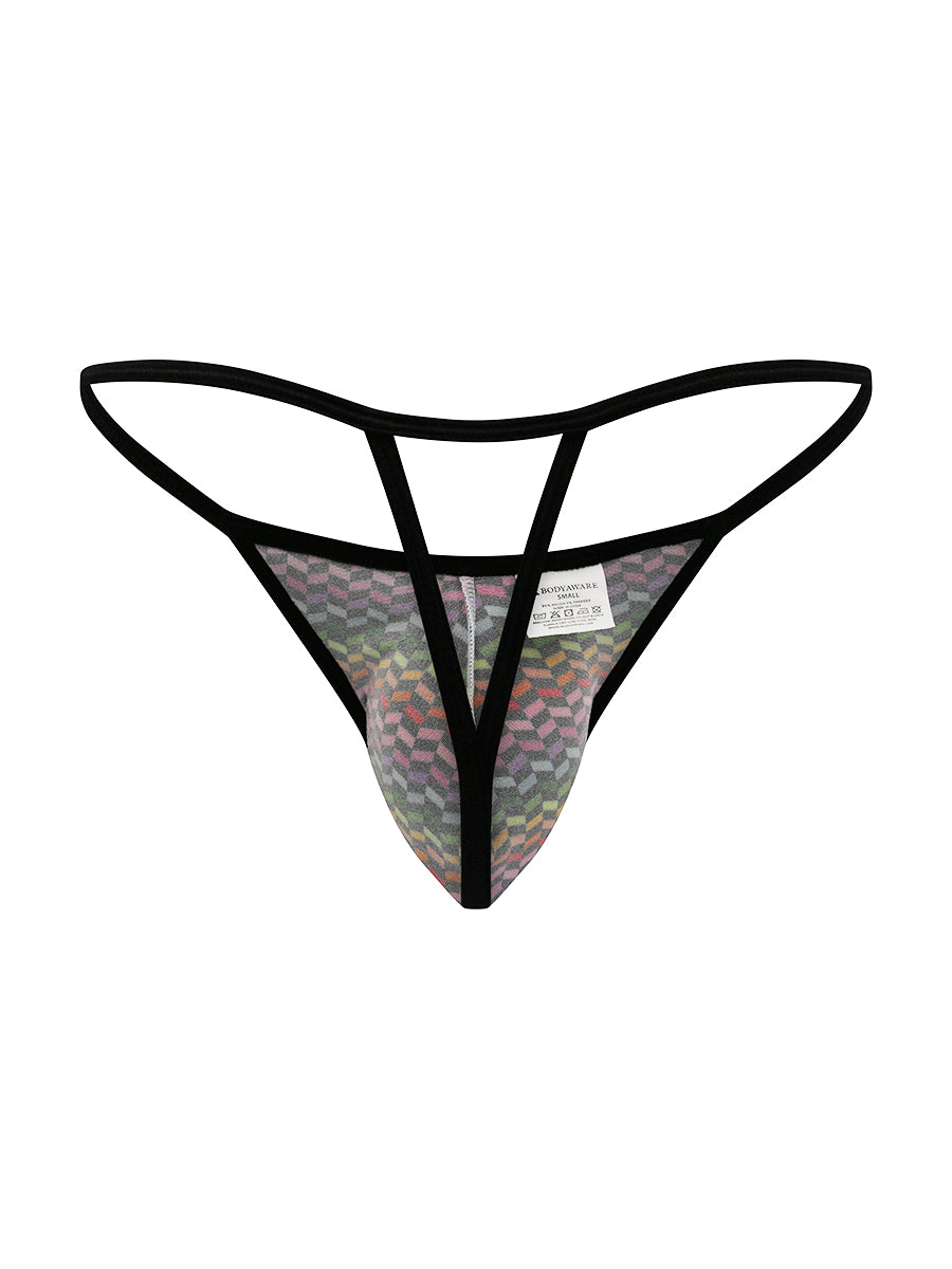 Back view of a rainbow pattern satin g-string thong on a white background.