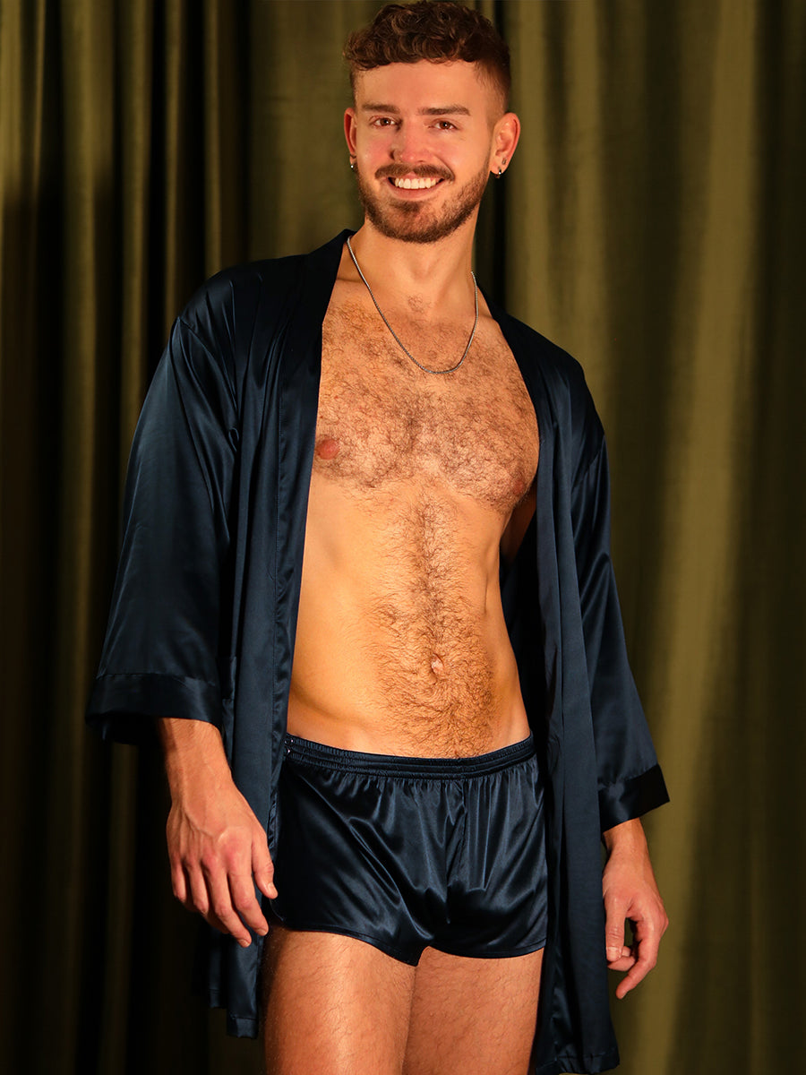 men's navy blue silk robe - Body Aware