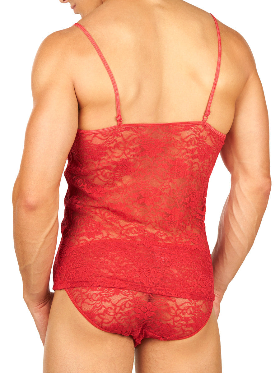 Men's red spaghetti strap see through satin and lace cami