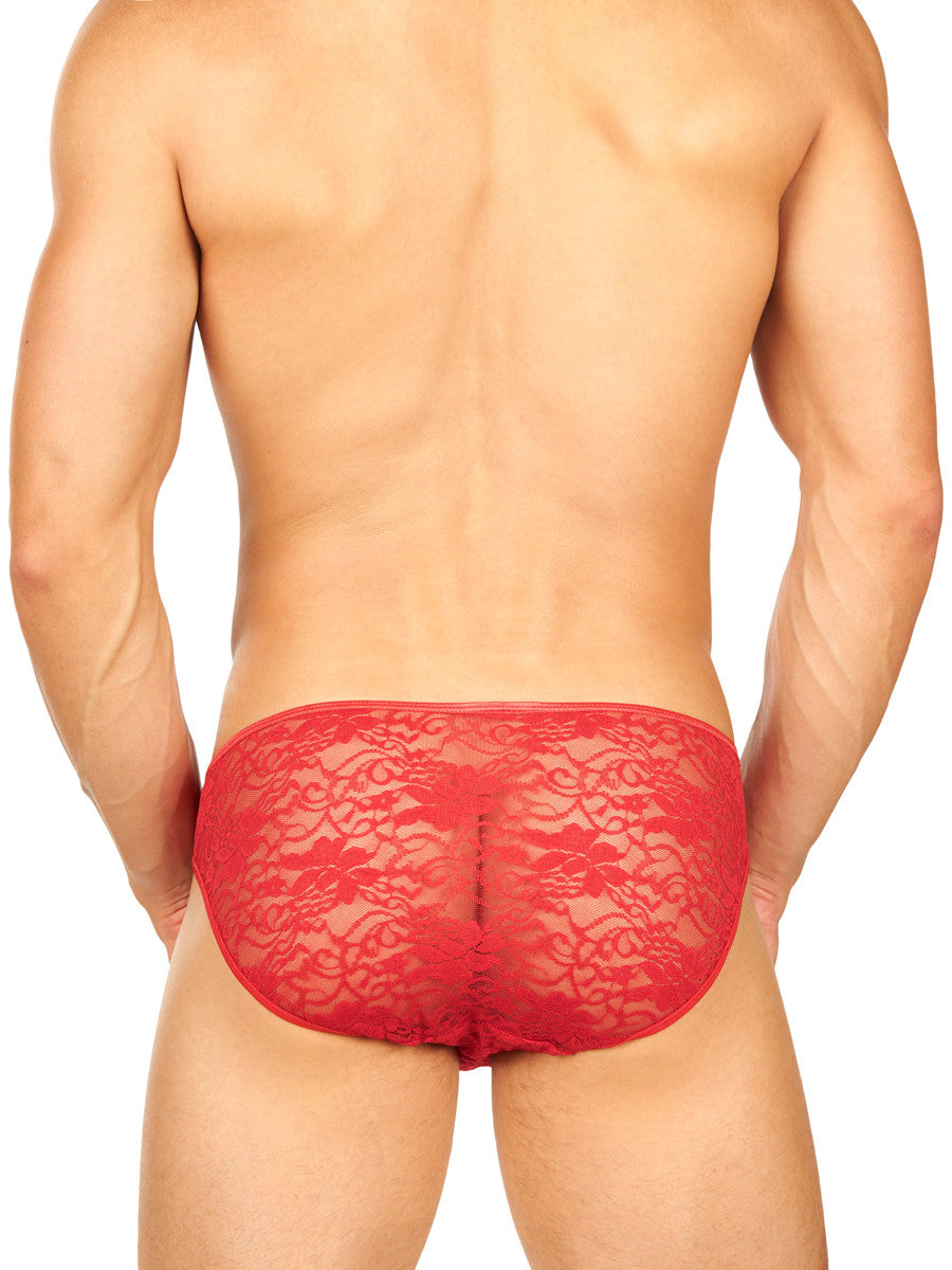 Men's red satin and lace brief panties