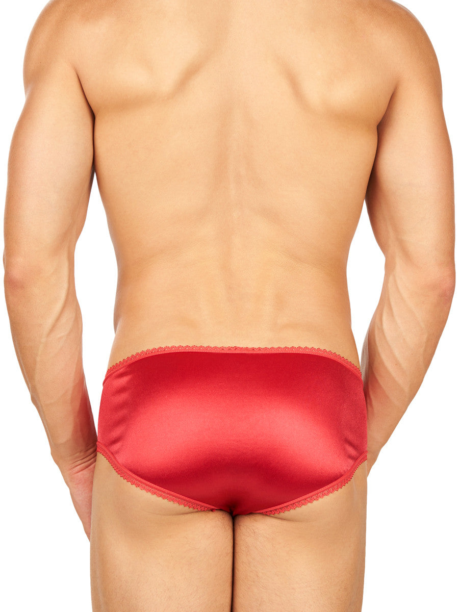 Men's red shiny and smooth lacy satin brief panties