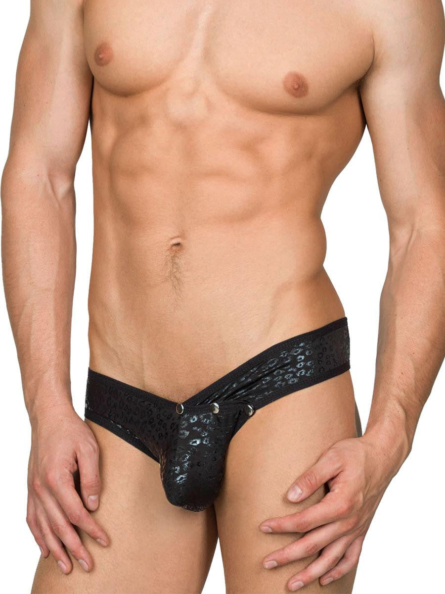 Men's faux leather black nylon leopard print snap brief