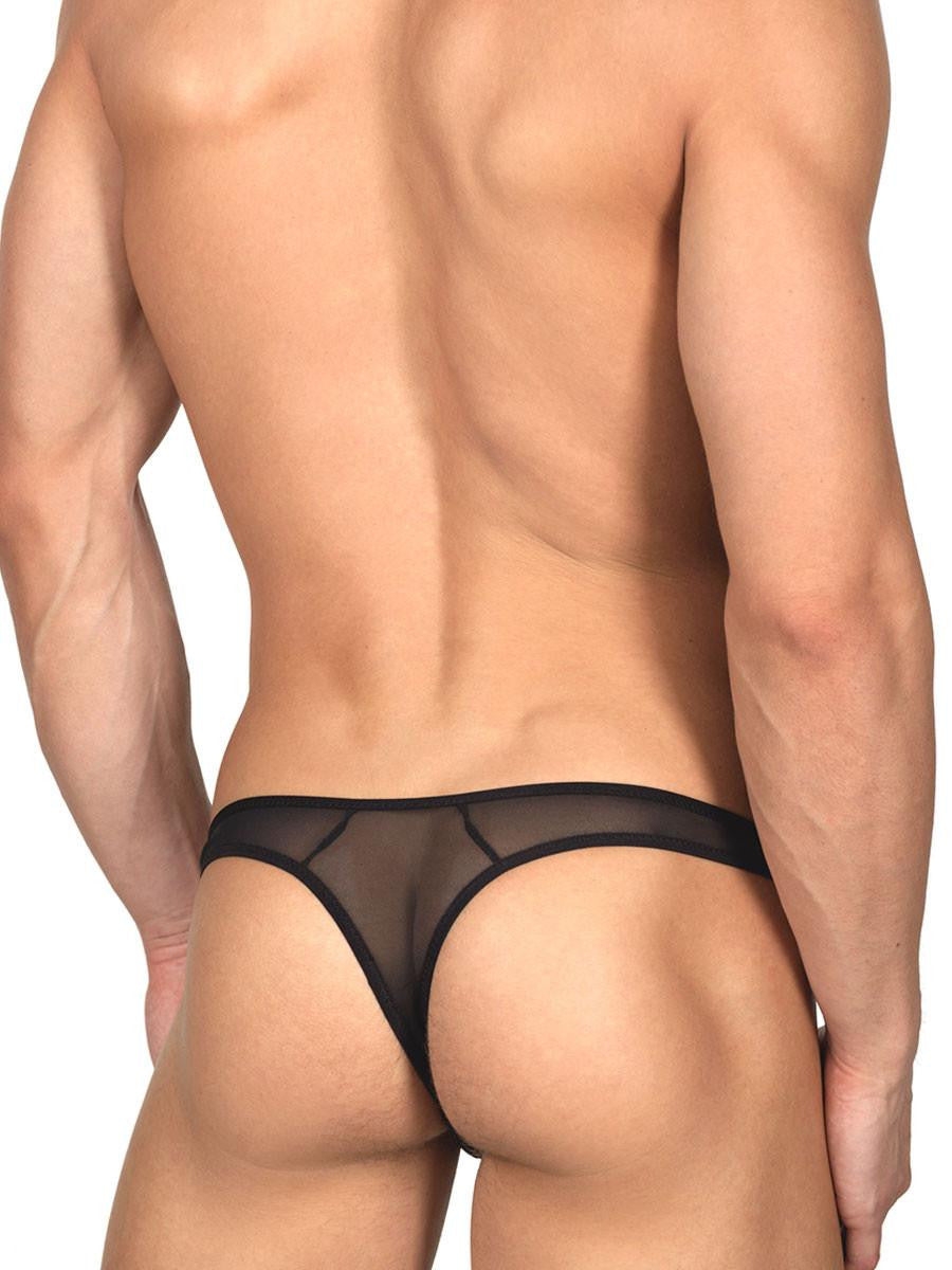 Men's black see through mesh thong with side clips