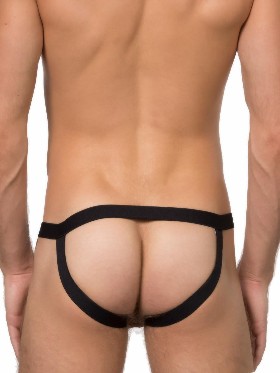 Men's black bondage style jock strap underwear with cock ring