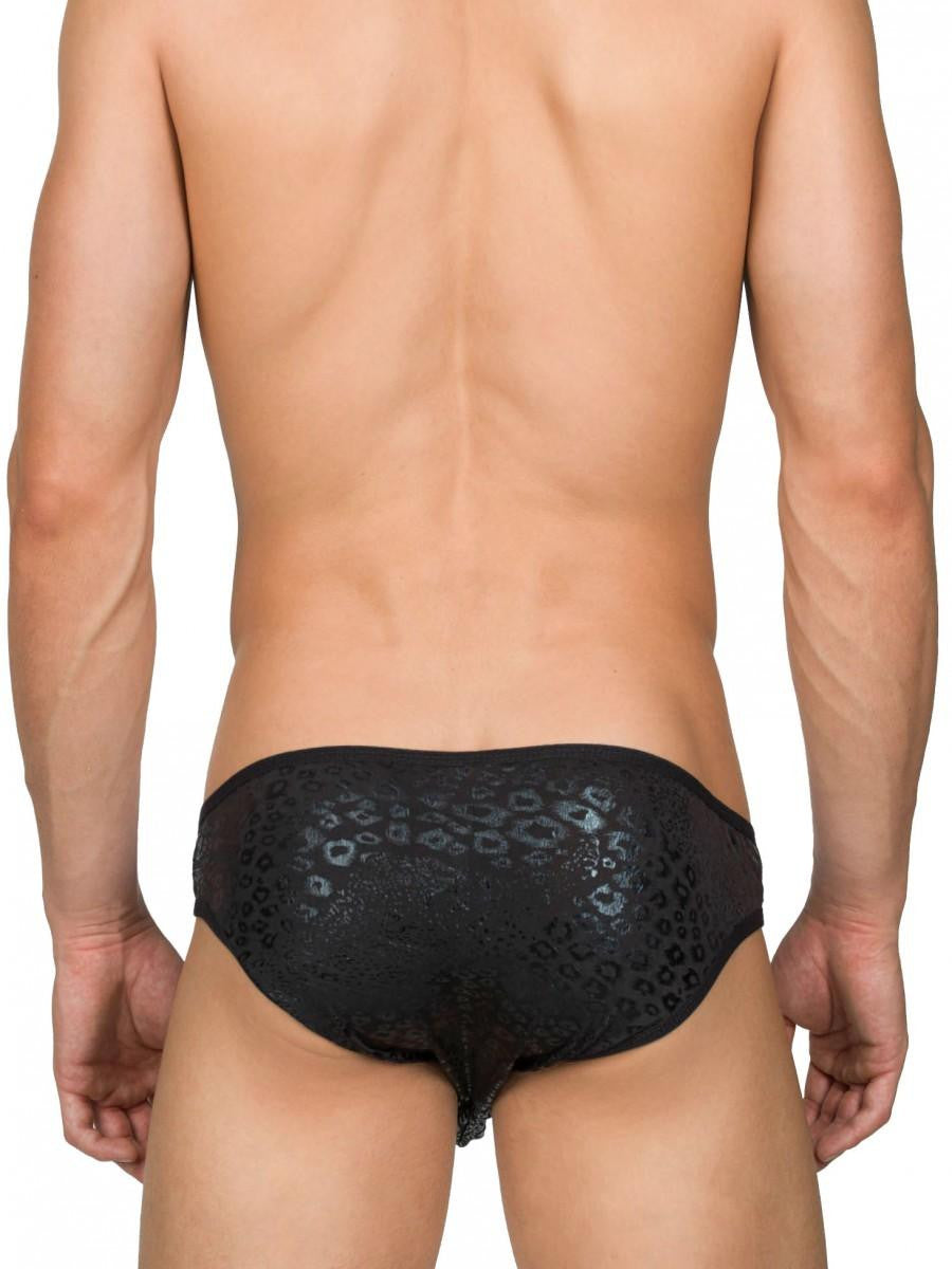 Men's faux leather black nylon leopard print snap brief