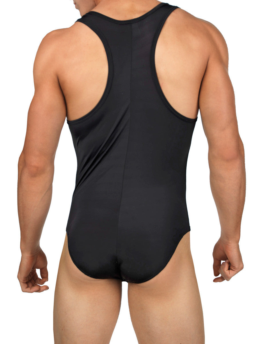 Men's black soft and stretchy rayon bodysuit leotard with cock sheath