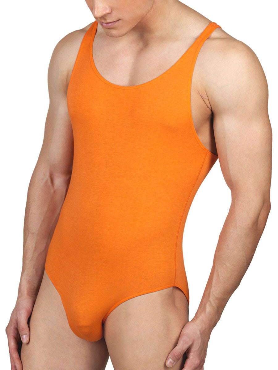 Men's orange soft and stretchy rayon bodysuit leotard