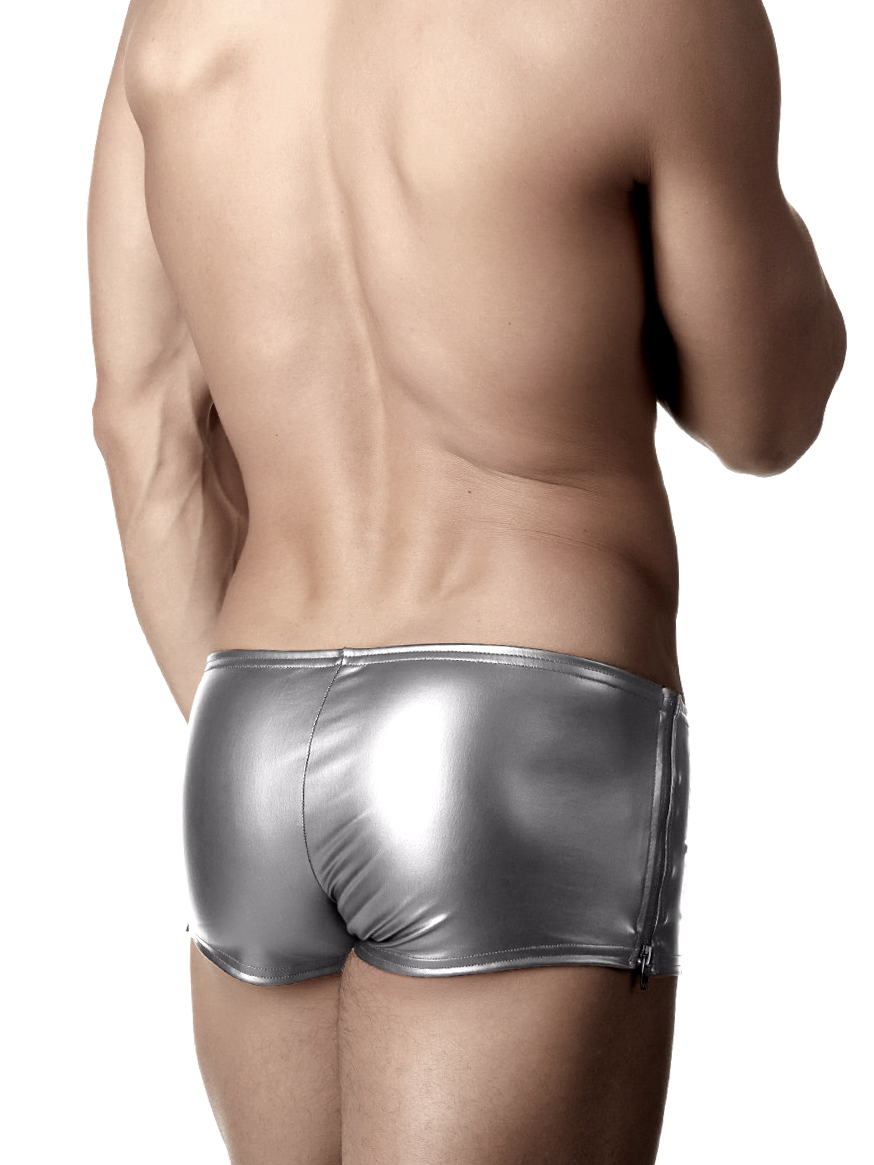 Men's silver metallic side zip booty shorts