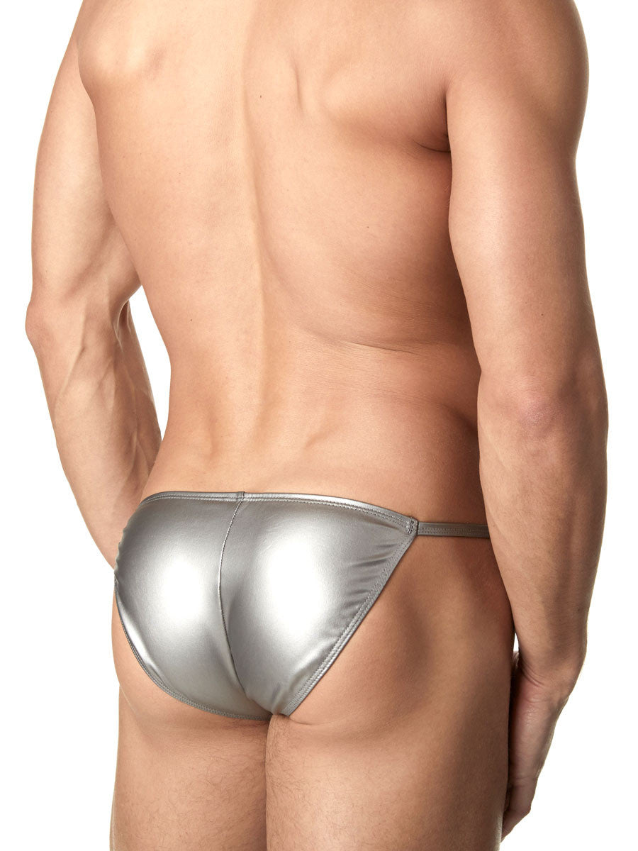 Men's silver metallic pouch string tanga underwear