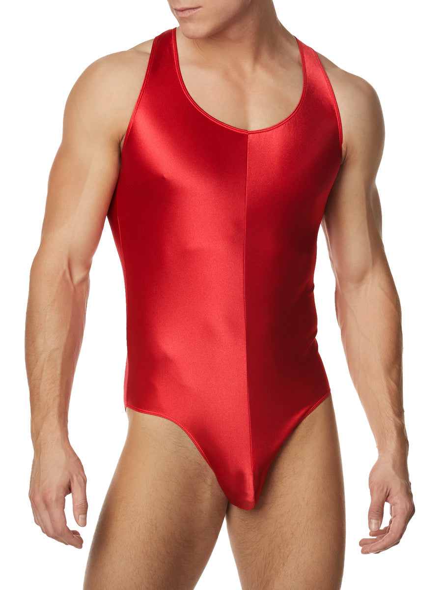 Men's red smooth and shiny satin bodysuit leotard