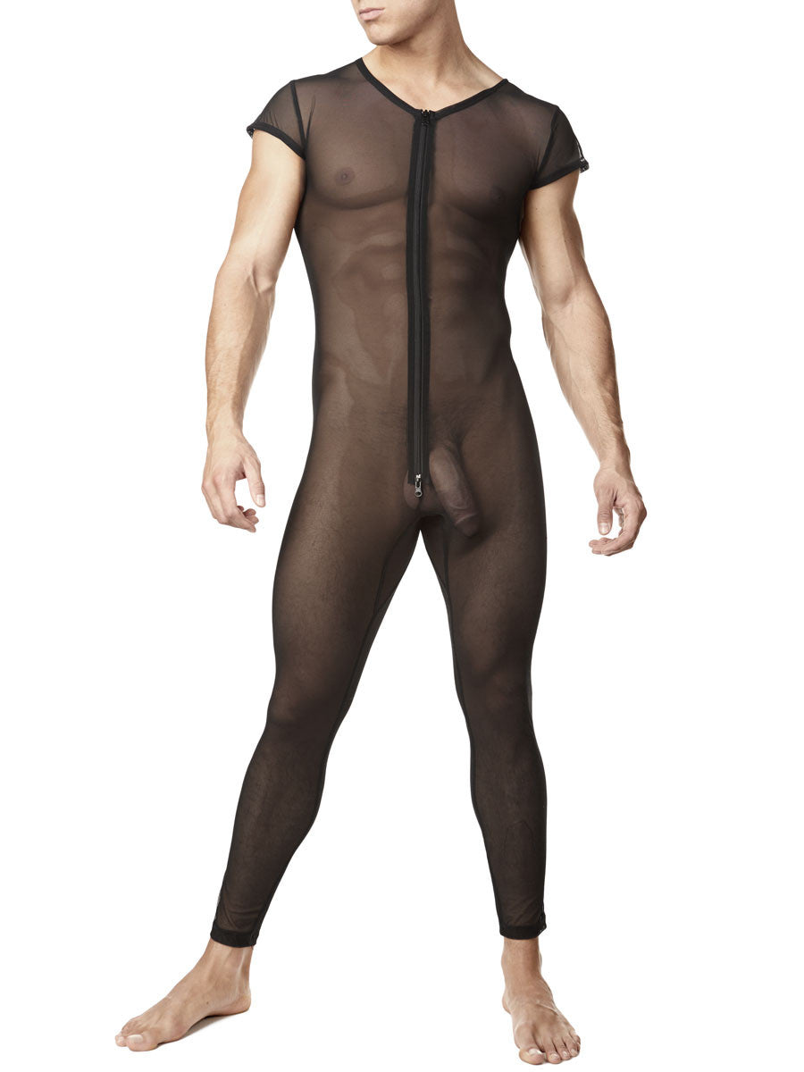 Men's black zip mesh see through bodysuit onesie 