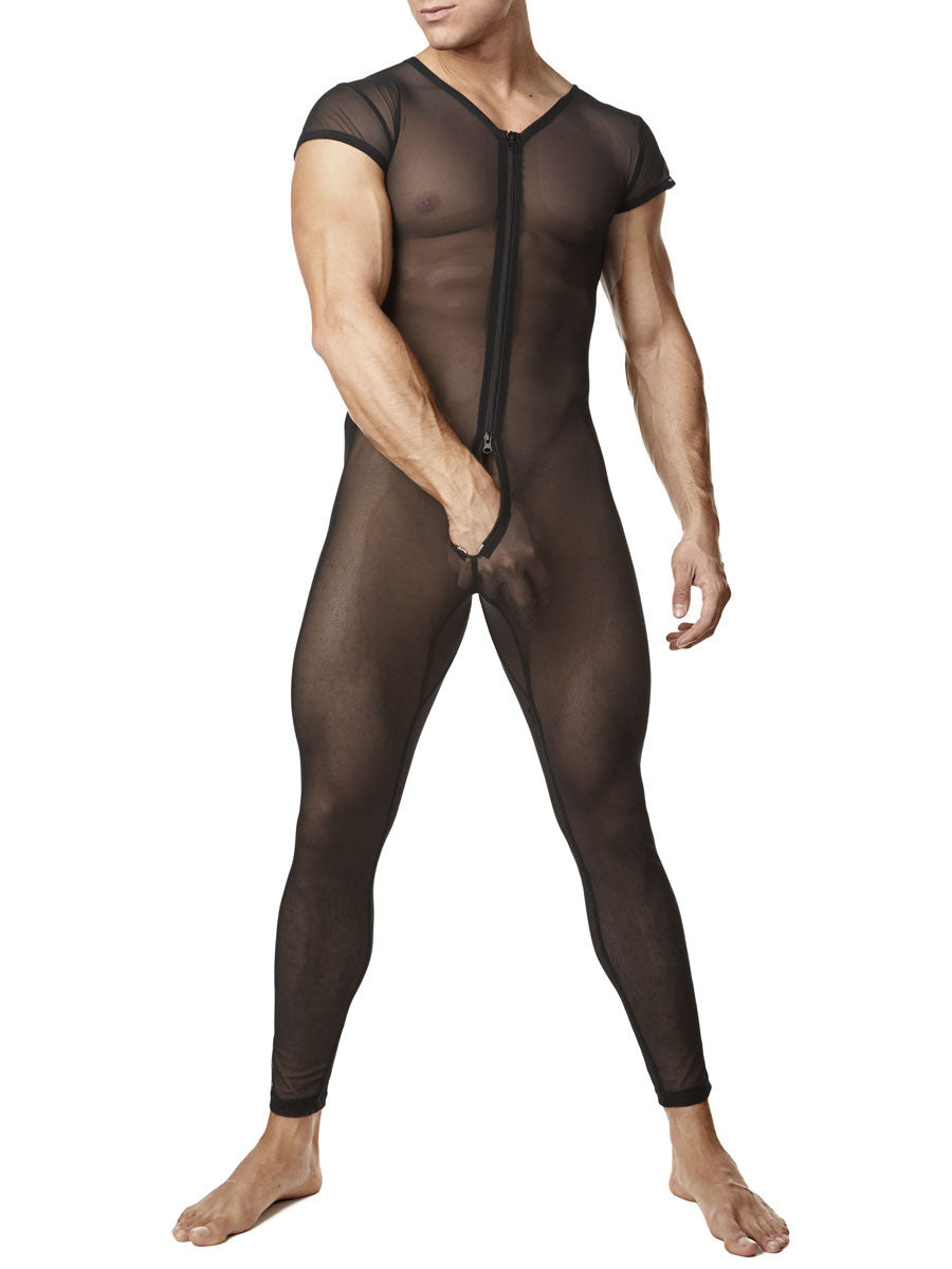 Men's black zip mesh see through bodysuit onesie 