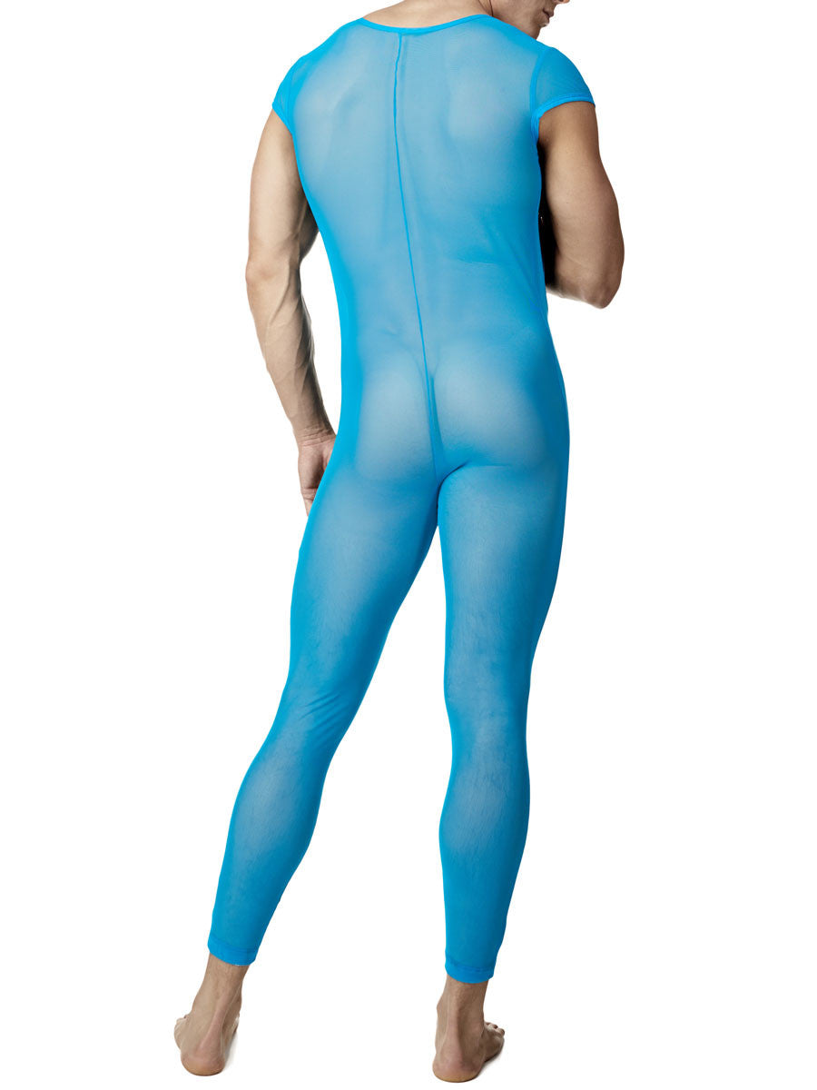 Men's blue zip mesh see through bodysuit onesie 