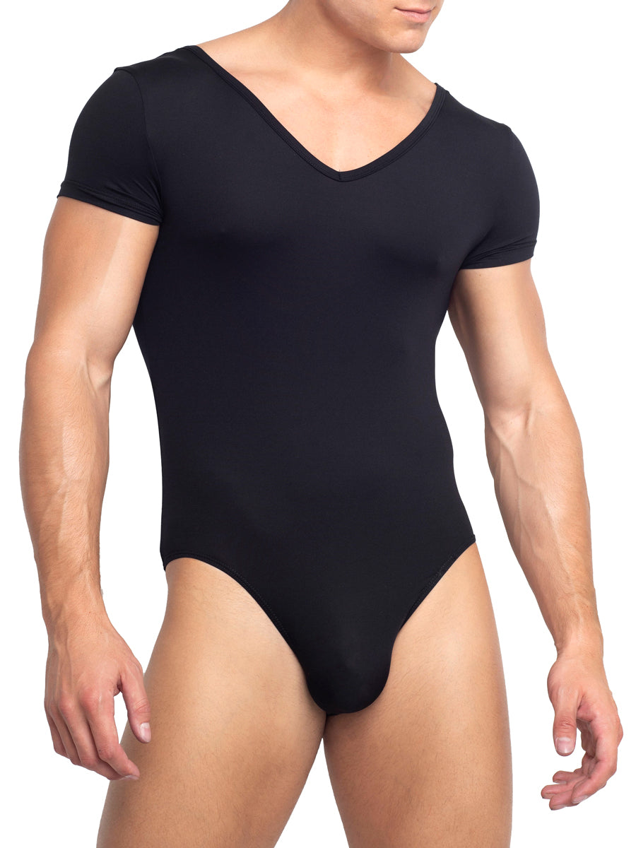 Men's black v-neck bodysuit