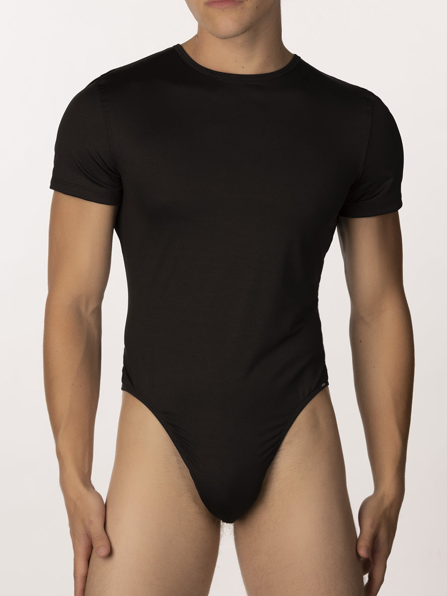 Men's black t-shirt thong bodysuit