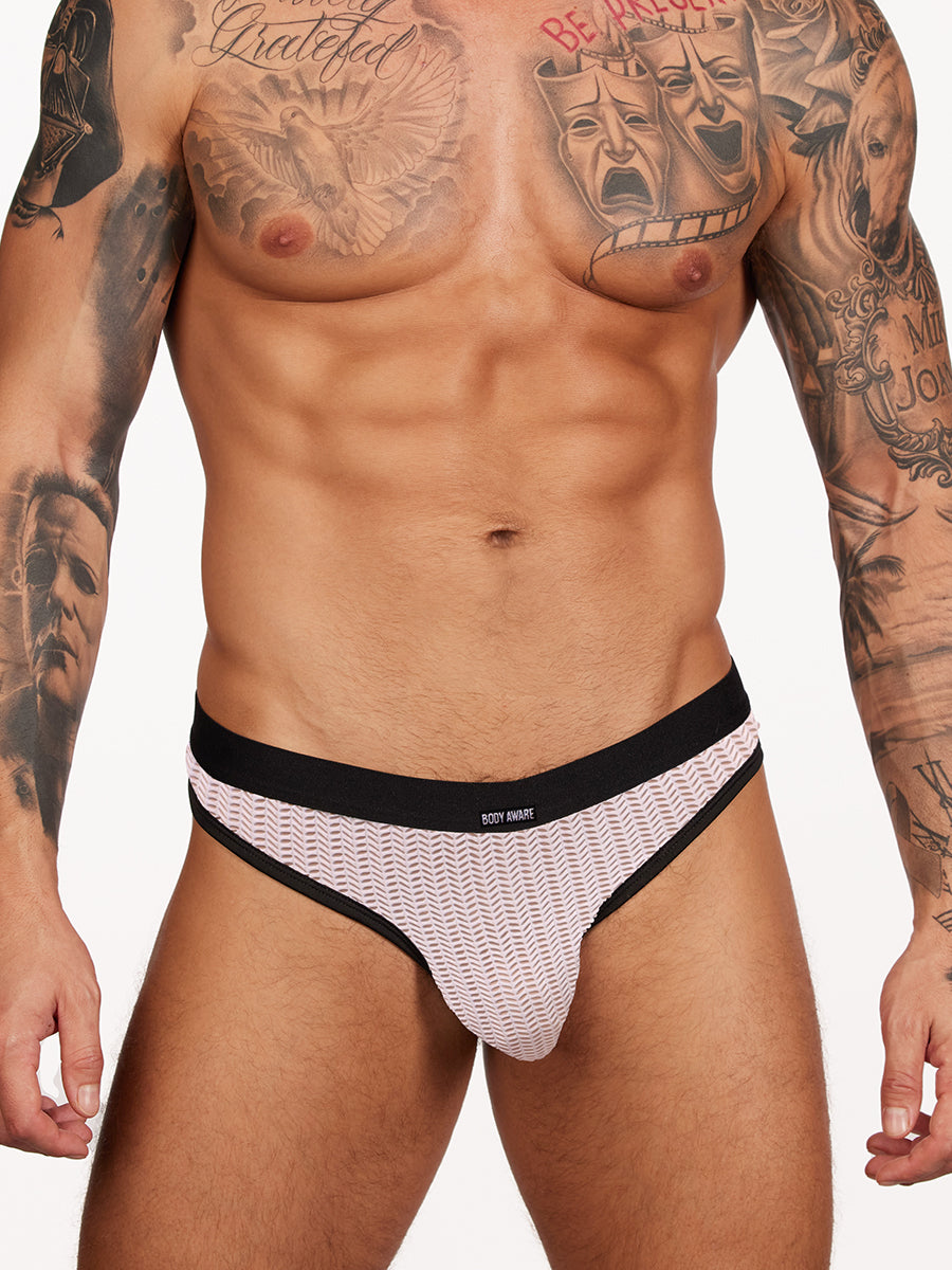 men's white fishnet thong - Body Aware
