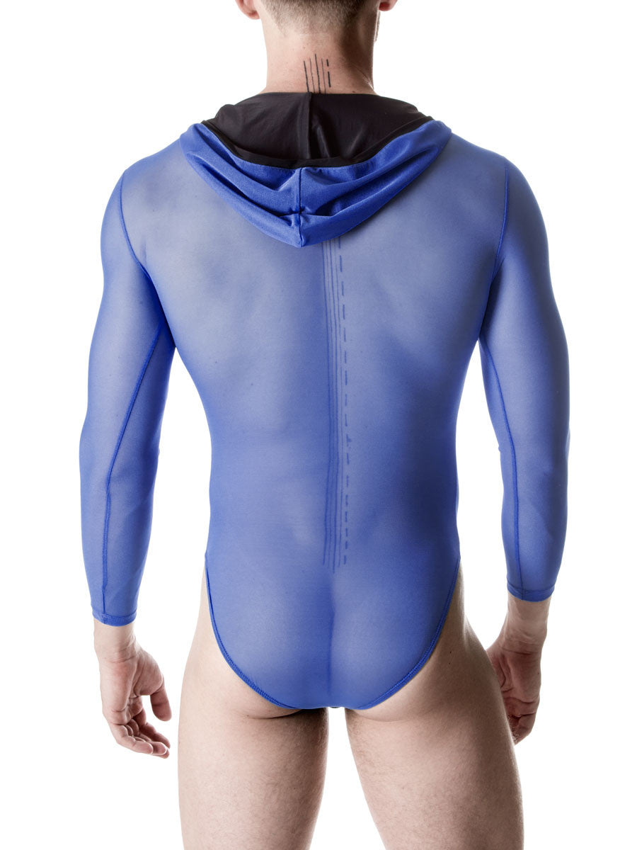 Men's blue mesh hoodie bodysuit