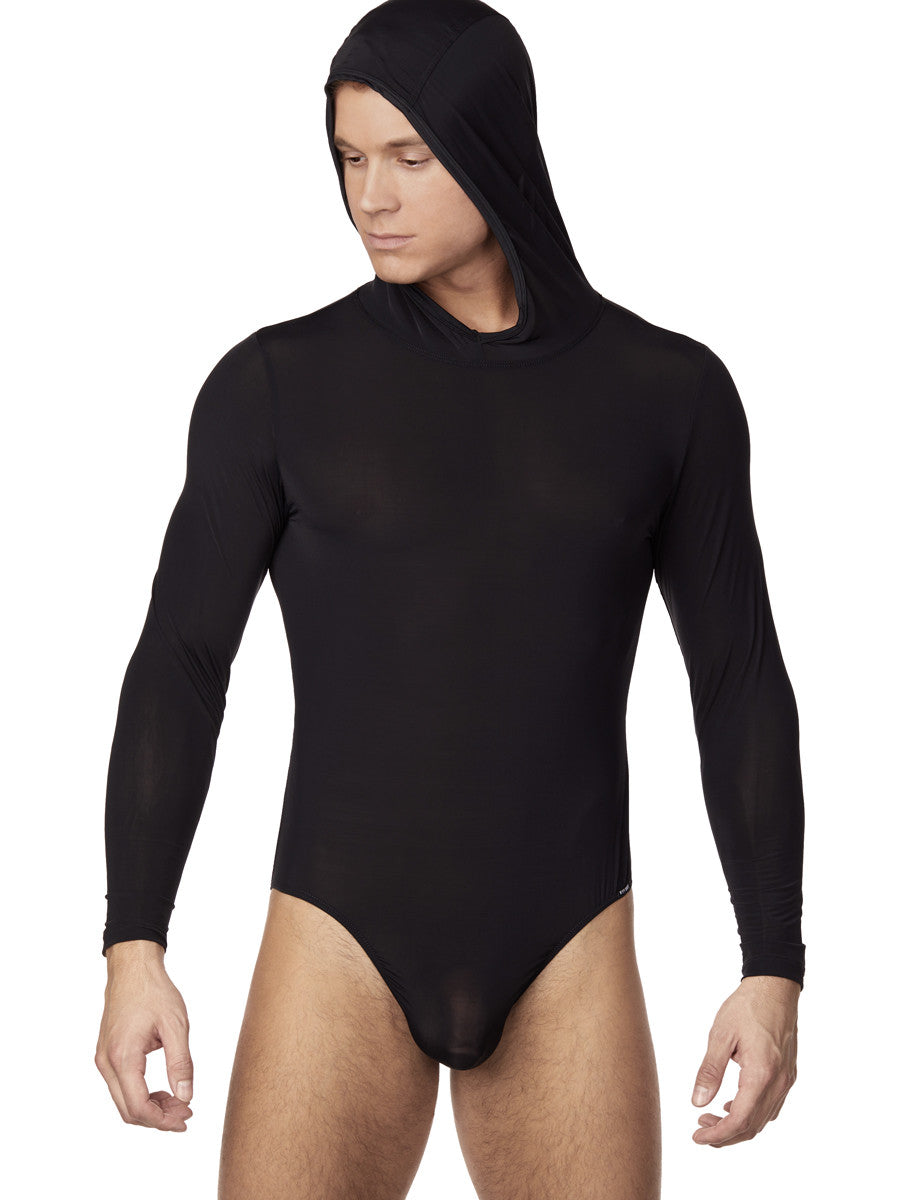 Men's black lightweight hood bodysuit leotard with long sleeves