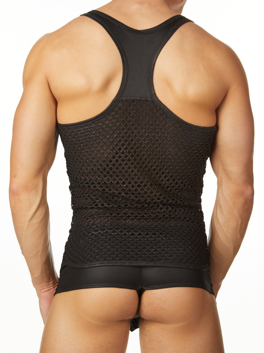 Men's black faux leather and fishnet industrial tank top