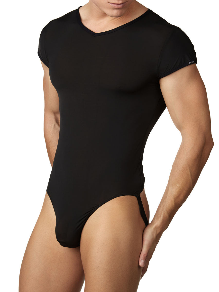 Men's black soft bodysuit leotard with jock back