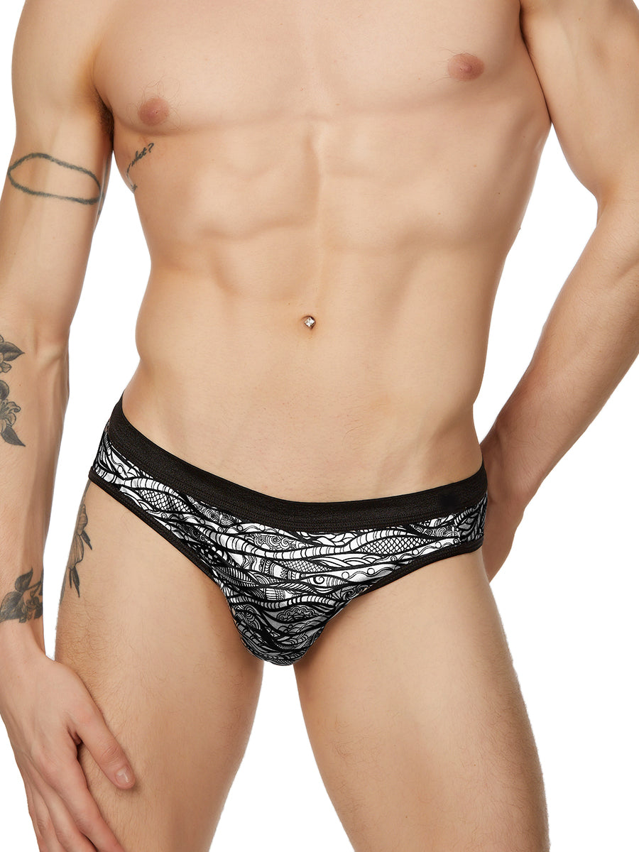 Men's black satin print briefs