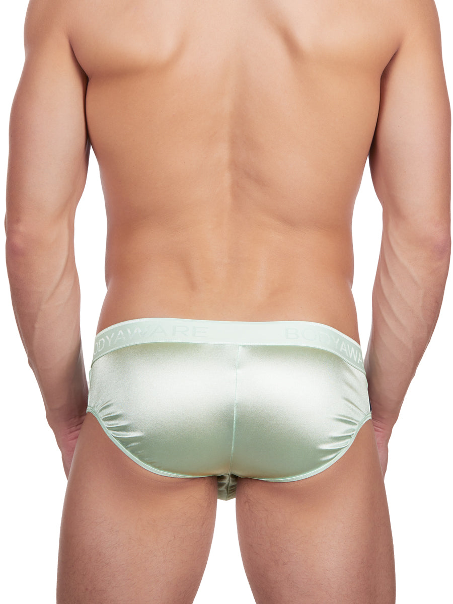 Men's green strappy and erotic satin brief underwear