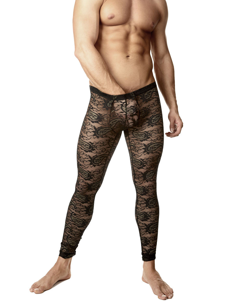 Body Aware black lace leggings for men. Soft lace is engineered into a sleek and form-fitting legging for men. The stretch lace is embroidered with a paisley design and features metallic thread that gives a subtle gleam with every turn. A soft elastic waistband  sits comfortably at the hips, and a three-seam contouring pouch front that provides support yet allows room for the boys. Center seam down the back. 